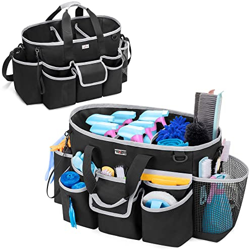 LoDird Cleaning Caddy Bag for Cleaning Work, Black and Grey | 3 Compartments and Multifunctional Pockets, Cleaning Supplies Organizer, Handle and Shoulder Strap