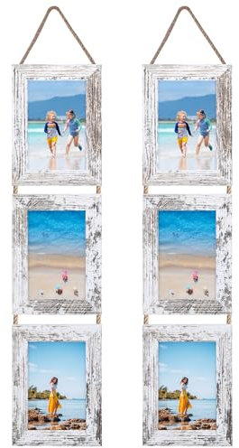 EYMPEU Cadres Photo 10x15 Bouleau Blanc Collage Triple Ensemble Suspendu, 6 Cadres 10x15 Rustique Verticaux pour Afficher Des Photos, Des Postales, Des Affiches