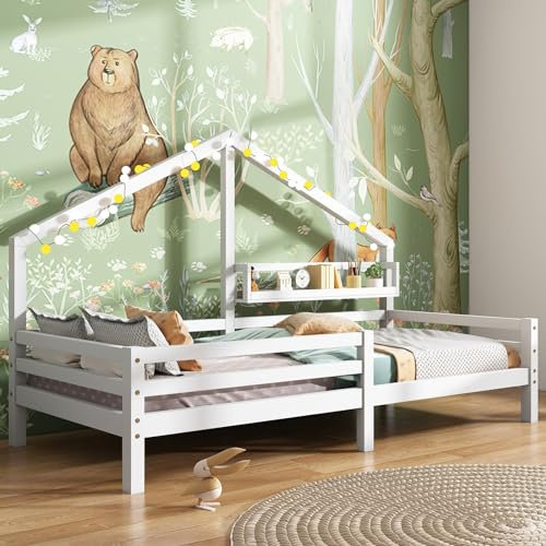 Daesar Einzelbett 90x200 mit Rausfallschutz, Hausbett Kinderbett mit Ablageregal, Bettgestell mit Lattenrost, Jugendbett für Jungen Mädchen, Weiß