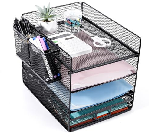 Cinnani Schreibtisch Organizer, 4 Ebenen Papier Briefablage mit Schublade und 2 Stifthaltern, Dokumentenablage mit Metall Schreibtisch Organizer Tablett