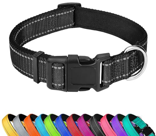 LZGOPE Reflective Dog Collar, Adjustable Soft Neoprene Padded Nylon Pet Collars with Buckle for Medium Dogs, Black,M