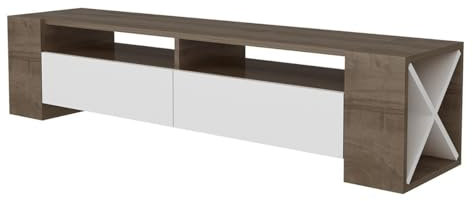 Calicosy Meuble TV 2 Tiroirs Décor Noyer et Blanc Sosruko - L155 cm - en Panneaux de Particules - Meuble Gain de Place - pour Salon - L155 x l35 x H35 cm