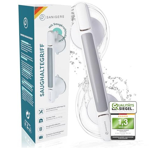 SANIGERS® Haltegriff mit Saugnapf I EXTRA STARKER HALT 110 KG I Haltegriff Dusche ohne Bohren, Haltegriffe für Senioren, Badewannengriff ohne Bohren, Duschgriff mit Saugnapf, Sauggriff Bad