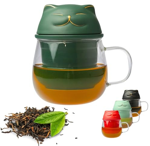 Kicura Glas-Teetasse 420 ml mit Deckel und Sieb, Katzen-Design, aus Borosilikatglas, für losen Tee und Kräutertee, mit Geschenkbox (Dunkelgrün)