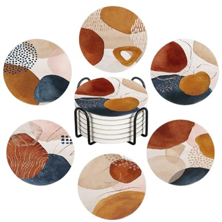 Drink Coasters for Drinks Set of 6, Terracotta Navy Orange and Gold Abstract Modern Art Absorbent Round Ceramic Stone Mat Coaster, with Cork Base and Metal Holder, Home Bar Decor House Warming Gift