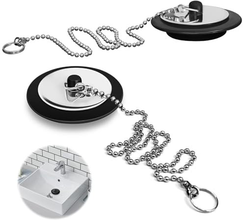 QINCINA 2 Pcs Universal Sink Plug, Black Rubber, 43mm, 23mm, Kitchen & Bathroom Sink Plug Replacement, 40cm Stainless Steel Chain (2 Pack)