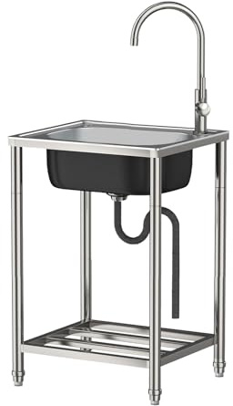 Edelstahl Multifunktionswaschtisch, Spültisch mit 360° Wasserhahn für Outdoor und Camping, Edelstahlspüle zur Erweiterung der Outdoorküche,Waschküche,Garage(50x40x82cm)