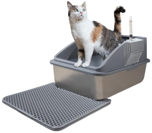 LINUMA® Edelstahl-Katzentoilette mit Deckel antibakterielles Katzenklo aus Metall mit Spritzschutz Katzenklo aus Edelstahl mit Katzenstreumatte Doppelschicht Metallschaufel leicht zu reinigen