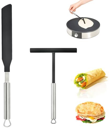 Eidoct Kit di 2 spatole per crepe in acciaio inox e spatola per crepe, distributore di crepe e spatola, strumenti per pancake, spalmatrici a forma di T e spatola per crêpe, per cucina, panetteria,
