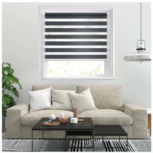 J.Din Zebra Roller Blinds Windows Door Curtain For Bedroom Light Filtering Day and Night Window Shades Blind Easy Fit Double Layer Fabric Translucent Vision Curtains (Grey, 124cm x 165cm)