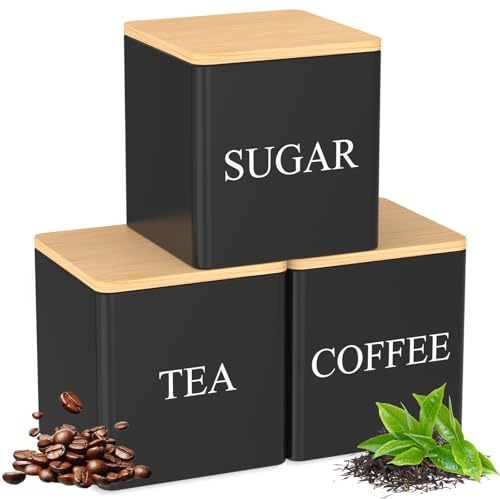 shaojian 3Pcs Coffee Tea Sugar Canisters 500ML Black Metal Tea Coffee Sugar Canisters Set with Airtight Bamboo Lid and Name Marker, Simple Design Kitchen Food Storage Container (Black, Square)