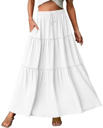 Genfien Damkjolar elegant maxikjol elastisk midja veckad en linje kjolar boho för fest sommar enkel vardaglig, Vitt, L