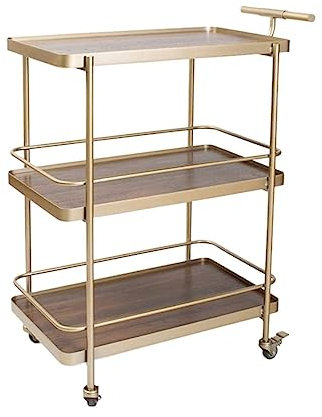 3-Tier Metal Rolling Kitchen Storage Cart with Wheels - Mobile Trolley for Snacks & Tea Catering Service Modern Gold & Walnut Finish Versatile Storage Solution