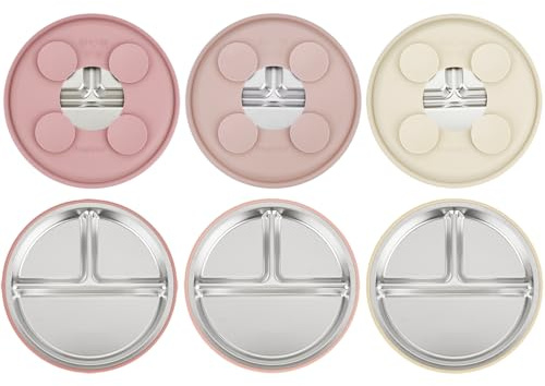 PandaEar Set da 3 Piatti in Acciaio Inossidabile per Bambini con Suzione, Piatti Divisi per Bambini per lo Svezzamento Autonomo, Set di Alimentazione Antiscivolo (Rosa)
