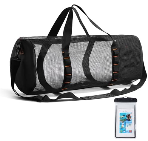 Klmnop Große Netz-Tauchtasche, Tauchausrüstungstasche, Duffle, Tauchtasche mit wasserdichter Handytasche und verstellbarem Schultergurt für Tauchausrüstung, Schnorchelausrüstung, Schwarz