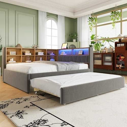 Schlafsofa mit Ausziehbett Tagesbett mit LED Leuchten Steckdosen und vielen Ablagefächern Polsterbett für Erwachsene Jugendbett Einzelbett Gästebett Ohne Matratze Dunkelgrau 140x200 cm