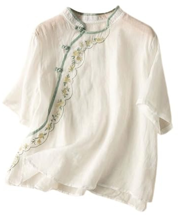 Tops de mujer manga 3/4 algodón lino bordado camisas vintage cheongsam camiseta hanfu tradicional chino tang-traje zen té abotonado blusas elegantes de gran tamaño, A01 blanco., XXL