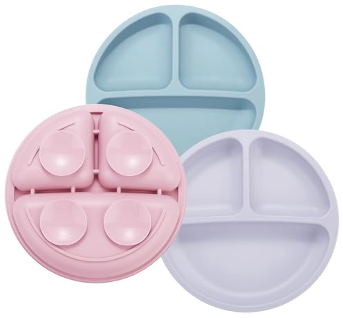 PandaEar Barntallrik med sugkopp i silikon – 3 uppsättningar barntallrikar mat mat mat platt avvänjning – halkfri – diskmaskin och mikrovågsugn (rosa/lila/blå)