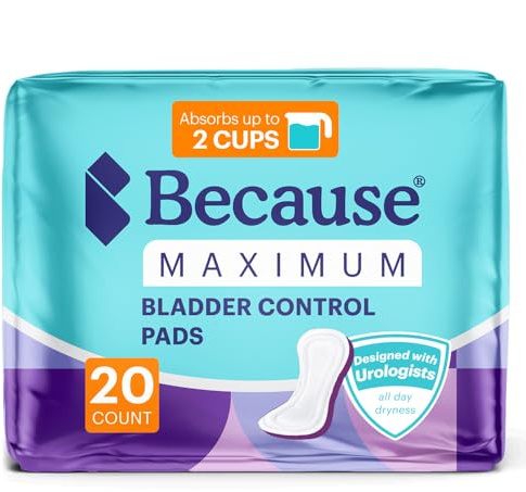 Because Incontinence Pads for Women – Maximum Absorbency for Moderate Bladder Leaks, Discreet Daily Protection, Individually Wrapped, 20 Count, New Version