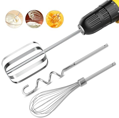 homicozy 3-Piece Stainless Steel Hand Mixer Attachment Set - Whisk, Dough Hook, Egg Beater for Drills - Dishwasher Safe, 9.8 Inch (Drill Not Included) (9.8inch)