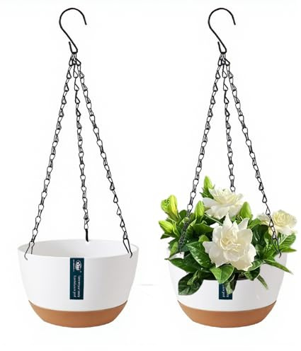 Fioriera Sospesa,Mengger 2 pezzi Fioriere Sospese con Ganci a Catena,Fioriera Sospesa in Plastica con Fori di Drenaggio,Vaschetta Rimovibile,Vaso SDospeso per Piante(Bianco)
