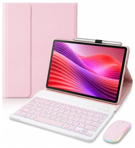 HLTOOP Funda Teclado de Español (Incluye Ñ) para Lenovo Tab 10.1 2025 (TB-311FU/TB-311XU), Teclado Inalámbrico Retroiluminado Desmontable con Cubierta Protectora, Ratón De Tableta,Rosado