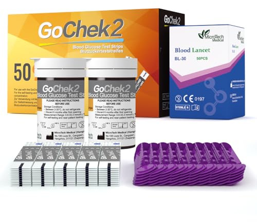 MicroTech Tiras de Prueba de Glucosa y Lancetas, Validez de 180d, Inmunes al Oxígeno en Sangre, Solo para Gocheck2, 50 Unidades.