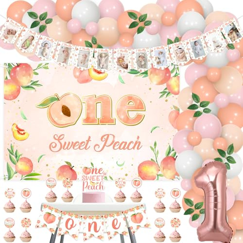 Balterever One Sweet Peach Birthday Decorations for Girls Peach Photo Banner Backdrop High Chair Banner Cupcake Cake Toppers Fruit 1st Birthday Supplies for Summer Pink Sweet One Party