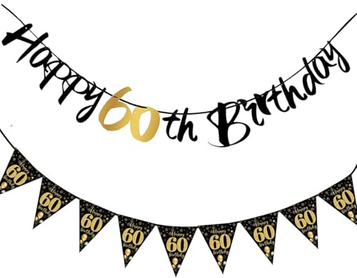 2 Stück Deko 60 Geburtstag Banner Frauen Mann, Schwarz Gold 60 Geburtstag | Geburtstag, Happy 60. Birthday Geburtstagsbanner, Party Wimpelkette Dekorationen, Partydeko 60er Geburtstags