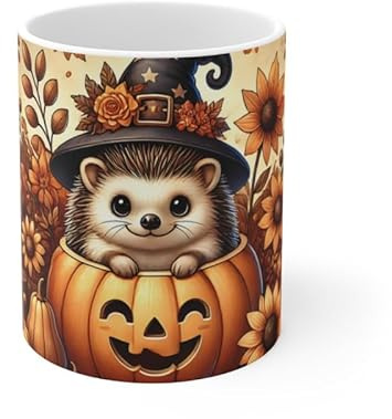 Teecustom Tasse Hérisson Automne – Mug Céramique 325 ml – Design Citrouille et Tournesols – Cadeau Cosy Halloween Nature