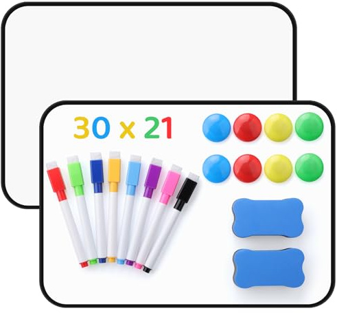 2 Stück Whiteboard Magnetisch, 30x21CM, Kleine Whiteboard Doppelseitige Magnetwand mit Trocken Abwischbaren Stiften Radiergummi Magnete, A4-Format Magnetwand für Schule Zuhause Büro