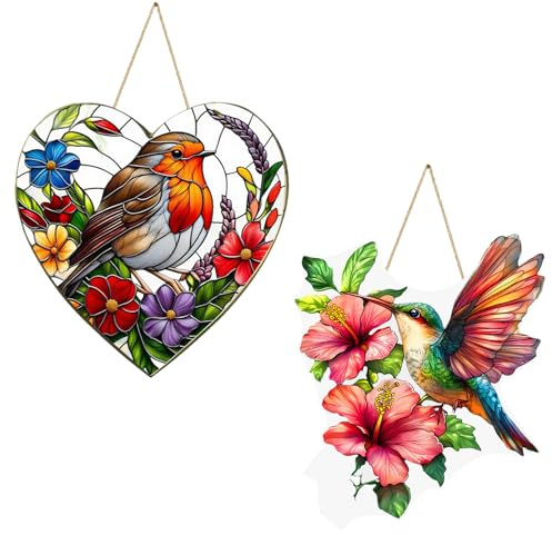 2 pcs Robin Suncatcher for Windows, Acrylic Hanging Garden Ornaments Outdoor, 20x20CM Colorful Sun Catchers, Robin Gifts for Home Garden Decoration