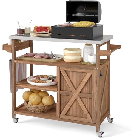 KOMFOTTEU Chariot pour Barbecue en Bois, 3 Étagères Ouvertes & 1 Armoire à Porte, Desserte de Jardin avec Porte-épices, Desserte d’Extérieur, Plan de Travail en en Acier Inoxydable, 118 x 47 x 92 cm