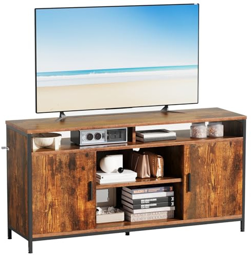 ELUCHANG TV-Schrank, Lowboard für Fernseher bis zu 60 Zoll, mit Verstellbaren Ablagen, Metallgestell, Fernsehschrank für Wohnzimmer, Schlafzimmer, 140 x 40 x 71 cm, Vintagebraun-Schwarz