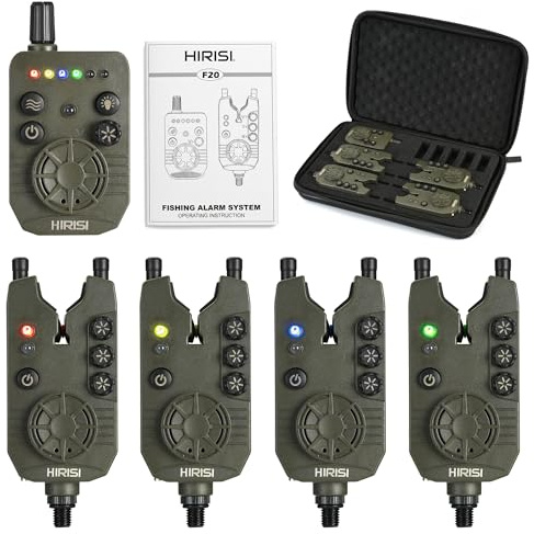 Hirisi Tackle Bissanzeiger Angeln mit Funk – Fernbedienung, Reichweite >300 m, Stereo-Lautsprecher, 6 Farben einstellbar, einzeln positionierbare Tasten für Empfindlichkeit, Lautstärke & Tonmodus