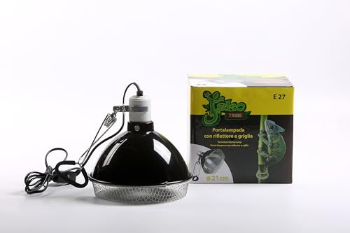 Portalampada con Riflettore 21cm e Griglia Protettiva per Terrario Tartarughe Rettili, Base Ceramica E27 150W, Cavo 180cm, Lampada Riscaldante UVB UVA GEKO TRIBE