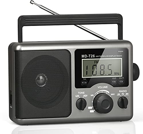 Portable AM FM Shortwave Radio with Best Reception, Battery Operated by 4D Cell Batteries or AC Power, Transistor Radio with LCD Display, Time Setting, Earphone Jack, Big Speaker for Home, Elder, Gift