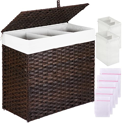 Greenstell Laundry Hamper with Lid, 125L Large Clothes Hamper with 3 Section & 2 Section Removable Liner Bags & 5 Mesh Laundry Bags, Handwoven Synthetic Rattan Divided Laundry Basket, Brown