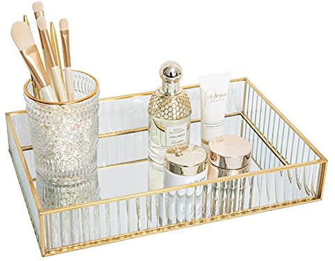 SLHEQING Vintage Spiegeltablett Gold, Dekoratives Tablett Glastablett Rechteckig Organizer Tray Kosmetik Schmuck als Schminktisch Aufbewahrung
