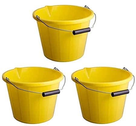 M1SS Set of 3- Yellow Plastic Builders Bucket 3 Gallon 14 Litre Water Mixing Storage Strong with Measuring Guide, Handle And Spout (Made in U.K)