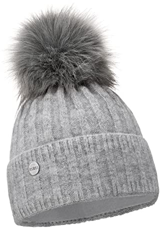 ELIMELI Winter Mütze Damenmütze mit Fell-Bommel - warme Damen Bommelmütze Strickmütze - Wintermütze mit Kunstfell Bommel - Slouch Strick Beanie Made in EU