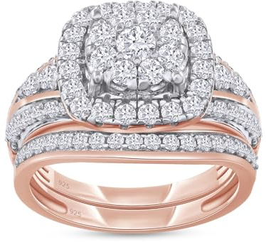 Double Halo Bridal Ring Sets for Women Round Lab Created Moissanite Wedding Band Engagement Rings in 14k Rose Gold Plated 925 Sterling Silver Jewelry Gift for Her Size 6.5