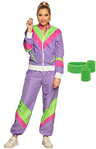 Boland - Trainingsset für Damen, lila-grün, 80er Jahre Trainingsanzug und 3-teiliges Schweißband-Set, Bad Taste, Kostüm, Karneval, Mottoparty