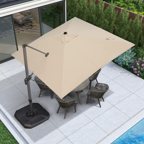 PURPLE LEAF Parasol Déporté 3 x 3 m Carré avec Pied en Croix, Parasol de Jardin Extérieur en Aluminium avec Manivelle, Inclinable et Rotatif 360°, Toile 240 g/m² Anti UV pour Balcon Terrasse, Beige