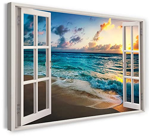 Printistico Impression sur toile (120x80 cm) vue depuis la fenêtre - coucher de soleil sur la mer, vacances sur la plage de sable - photographie de la nature, cadre en bois véritable avec crochet,