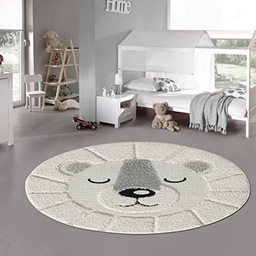 Teppich-Traum Runder Kinderteppich flauschig – schlafender Bär – in Creme, Größe 120 cm rund