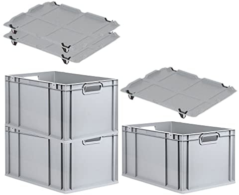 PROREGAL SuperSparSet 3x Eurobox NextGen Economy mit Auflagedeckel und 4x Schiebeschnappverschlüsse Schwarz, Griffe offen, HxBxT 32x40x60cm, 65L, Eurobehälter, Transportbox, Transportbehälter
