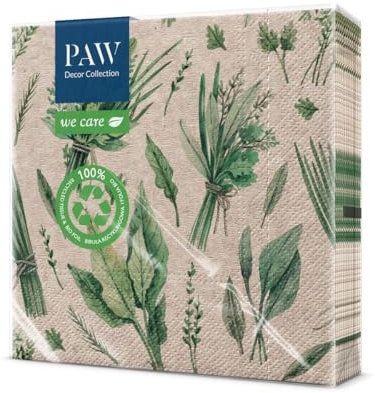 PAW - Disposable Napkins 3-Ply (33 x 33 cm) | 20 Pieces | Recycled Paper Napkins with Nature Design | Perfect for Tea Parties, Weddings, Birthdays | Color: Herbal Picking