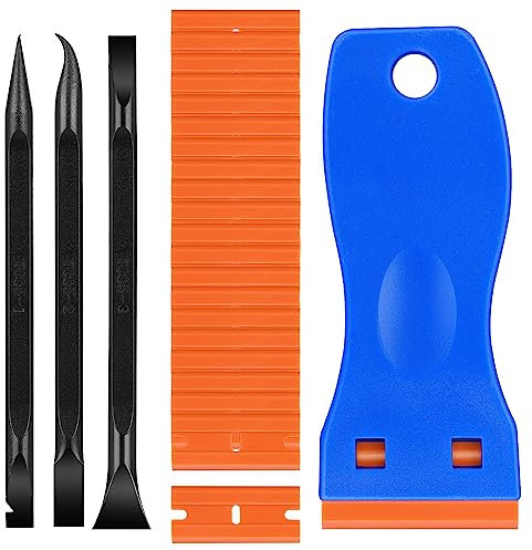 Lusofie Kunststoff Schaber mit 20 Kunststoffklingen und 3 Schwarz Spudger, Kunststoffspachtel für Glas und Fenster Kunststoff Rakel Aufkleber Klebereste Entferner für Kleine Räume