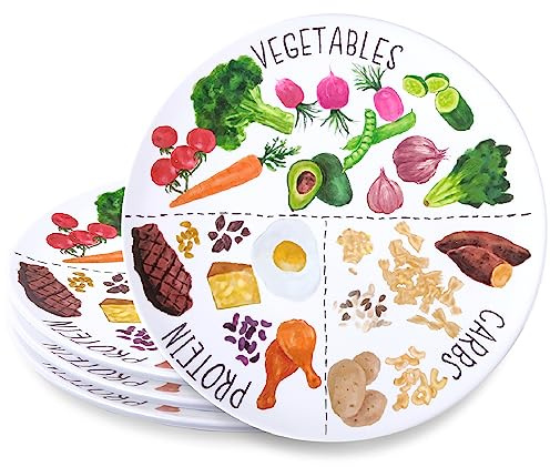 Viynran Lot de 4 assiettes de contrôle des portions de 25,4 cm pour une alimentation équilibrée – Assiette de nutrition saine pour adultes et adolescents – Séparateurs en mélamine pour perte de poids